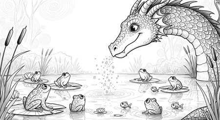 A fantasy coloring page featuring a gentle dragon at the water's edge with many frogs in a pond. A detailed line art drawing for children and adults.の素材