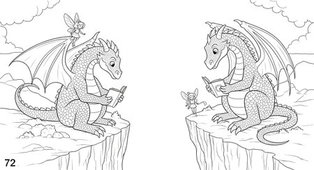 Black and white fairy tale coloring page with dragon and dragon. Fairy tale illustration.の素材