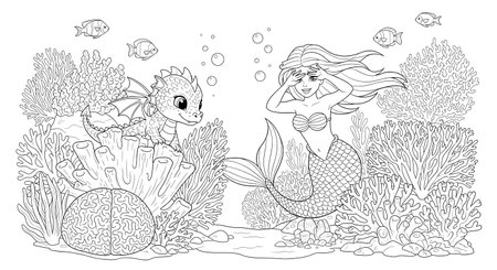 A black and white line art illustration of a friendly mermaid and a small dragon underwater. Surrounded by coral, fish, and seaweed, this fantasy scene is perfect for a coloring book.の素材