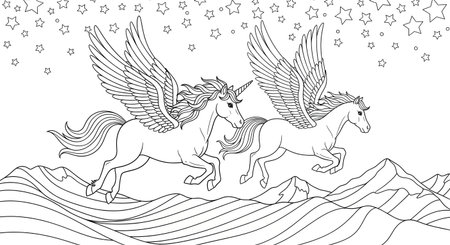 A black and white line art illustration of two mythical winged unicorns soaring through a night sky filled with stars, above a stylized landscape of mountains and waves.の素材