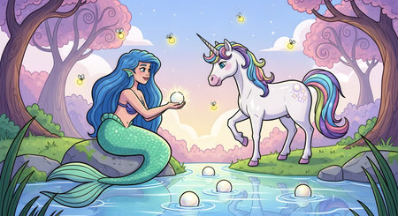 A beautiful mermaid with blue hair meets a majestic unicorn in an enchanted forest. The scene is filled with magic, with glowing pearls and a serene river.の素材