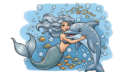Cartoon mermaid with dolphin in the sea. Vector illustration.の素材