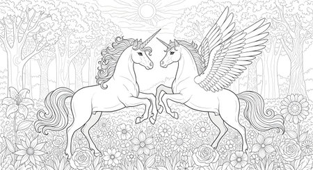 Unicorn and pegasus in the forest. Coloring book for adultsの素材