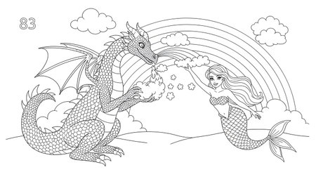 Beautiful mermaid and dragon. Black and white illustration for coloring book.の素材