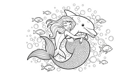 Beautiful mermaid with a dolphin in the sea. Coloring book for adults. Vector illustration.の素材