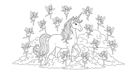 Unicorn with flowers and butterflies. Vector illustration for coloring book.の素材