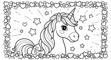 Unicorn and heart frame. Black and white illustration for coloring book.の素材
