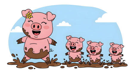 A charming cartoon illustration of a mother pig with her three happy piglets. They are all covered in mud, jumping and splashing joyfully in a puddle under a blue sky.の素材