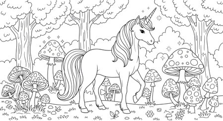 A black and white line art illustration of a beautiful unicorn in an enchanted forest surrounded by large mushrooms. Perfect for a children's coloring book or activity sheet.の素材