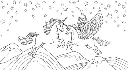 Black and white coloring page featuring a magical unicorn and a winged pegasus flying over a mountain range under a starry night sky. A whimsical fantasy illustration for children and adults.の素材