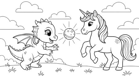 A black and white line art illustration of a friendly dragon and a magical unicorn playing together in a sunny field. A perfect coloring activity for children.の素材