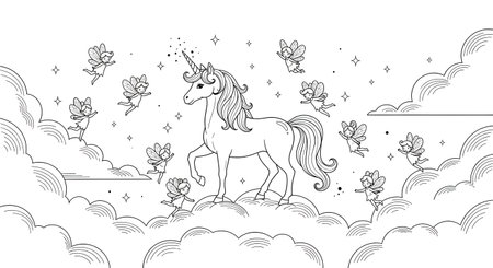 A beautiful hand-drawn illustration of a unicorn on clouds surrounded by tiny flying fairies. This whimsical line art is perfect for a fantasy coloring book page for children and adults.の素材