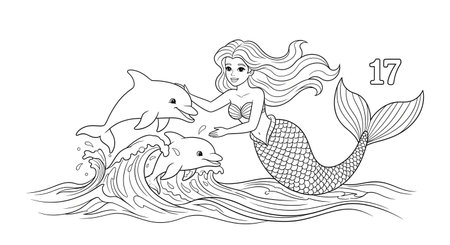 An enchanting line art illustration for coloring, featuring a beautiful mermaid with flowing hair and a patterned tail, swimming gracefully alongside two playful dolphins amidst dynamic ocean waves.の素材