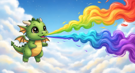 A charming illustration of an adorable small green dragon with big eyes flying among fluffy clouds, breathing a beautiful swirling stream of rainbow colors against a bright blue sky.の素材