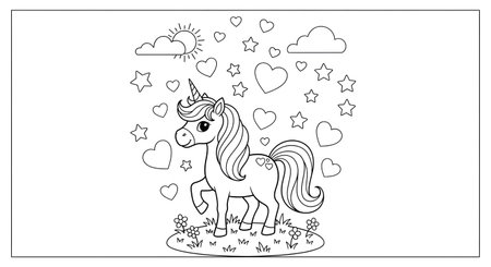 A black and white line art illustration of a magical unicorn for coloring. The adorable pony stands in a meadow under a sky filled with stars, hearts, and clouds.の素材