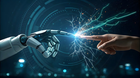 View of a Cyborg hand holding a Lightning bolt - 3d renderingの素材