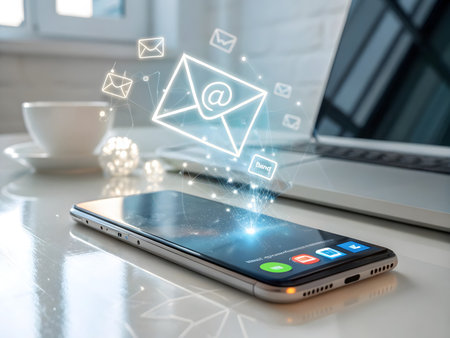 Close up of mobile phone with email icon on screen and coffee cup on tableの素材