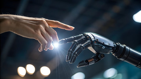 Close up of human hand touching robotic arm with finger. Mixed mediaの素材
