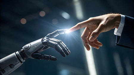 Close up of human hand touching with finger robot arm. Mixed mediaの素材