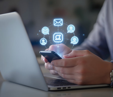 Businessman using mobile phone with social network icons on the virtual screenの素材