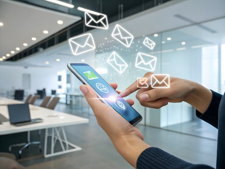 Close up of female hands using mobile phone with email icons on screenの素材