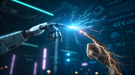 Close up of human hand touching with finger robot hand. Mixed mediaの素材