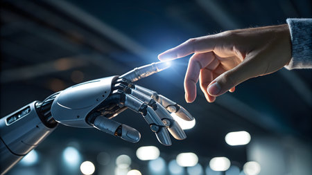 Close up of human hand touching robot arm with finger. 3D renderingの素材