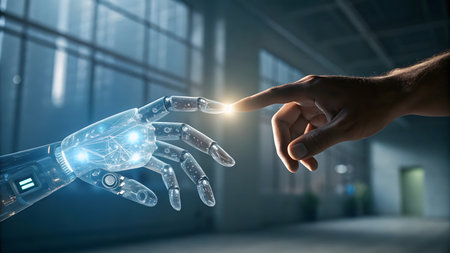 View of a Cyborg hand touching an artificial intelligence interface - 3d renderingの素材