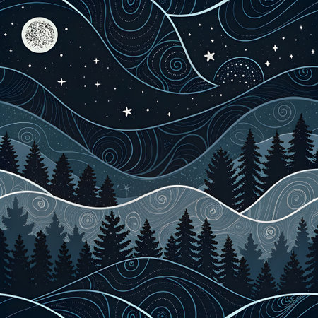 Winter landscape with forest and moon. Vector illustration for your design.の素材