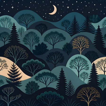 Seamless pattern with forest and moon. Vector illustration for your designの素材