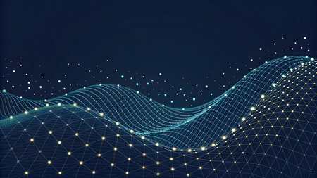 Abstract vector background. Big data visualization. Dynamic wave with particles. Futuristic technology style.の素材