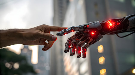 Robot hand holding red light in the city. Future technology concept.の素材