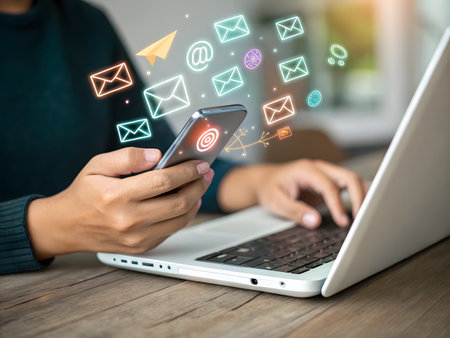 Man using smart phone and laptop computer with email icon on screen, communication conceptの素材