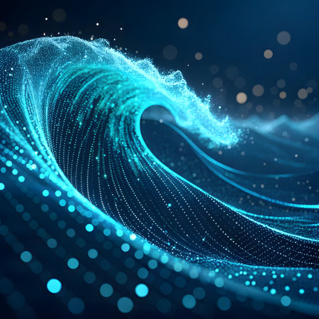 3d abstract wave with glowing particles. Futuristic wave background.の素材