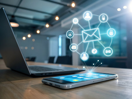 E-mail concept on modern smart phone screen. Internet and technology concept.の素材