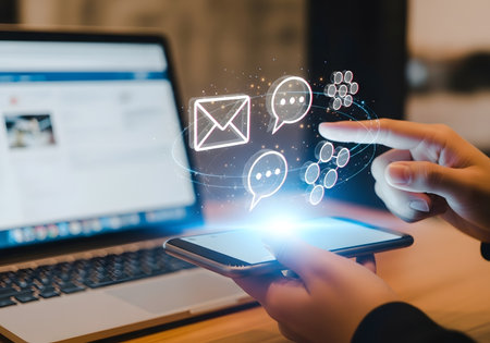 Businessman using smartphone with social media icons on screen. Communication conceptの素材