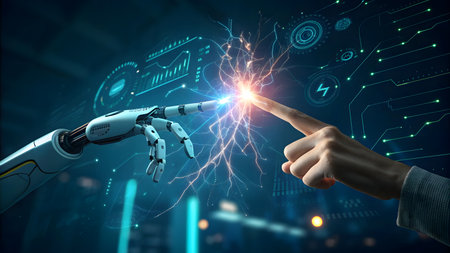 Close view of human hand touching with finger robotic arm against circuit board backgroundの素材