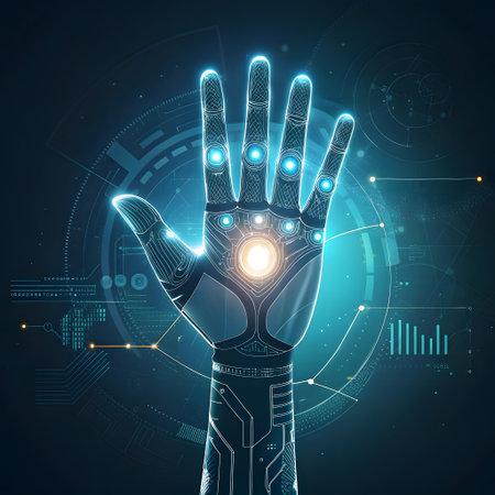 Artificial intelligence (AI) and machine learning concept. Futuristic cyborg hand with digital hologram. Vector illustrationの素材