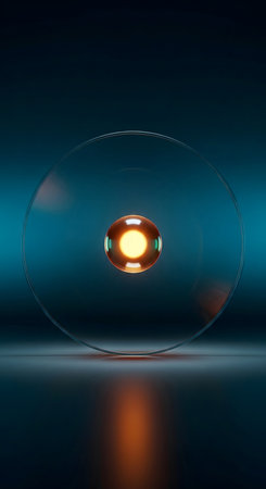 3d illustration of a round glass plate with a glowing sphere insideの素材
