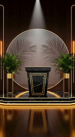 3D rendering of podium for product presentation in dark room with palm tree.の素材