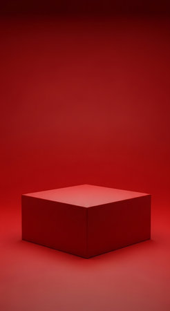 Red square pedestal on red background. 3d render illustration.の素材