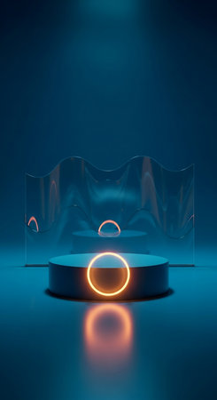 3d render, abstract background, round podium with glowing neon lights, pedestal for product presentationの素材