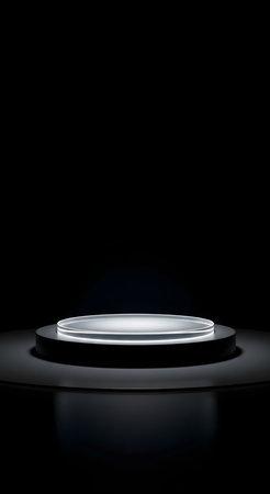 Black round pedestal on a black background. 3D rendering.の素材