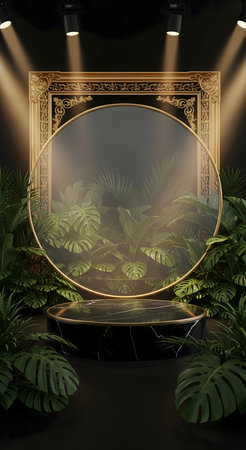3d render, black podium with gold frame, round mirror and palm leaves in a dark roomの素材