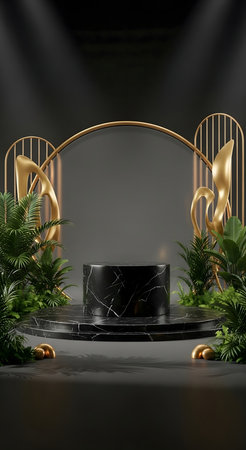 3d render of black marble podium for product presentation with golden rings and plants in the dark roomの素材