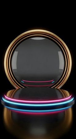 Black round podium with colorful neon lights on black background. 3d renderの素材
