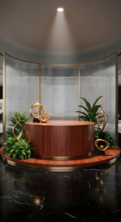 3d rendering luxury reception counter in hotel lobby with green plants.の素材