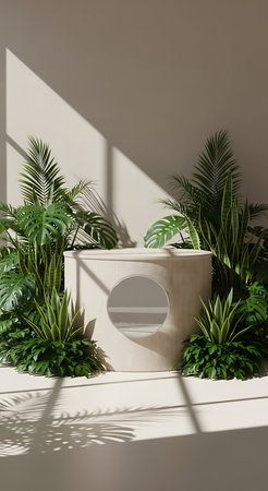 3d render of a white podium in the room with green plantsの素材