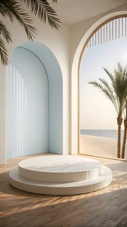 3d render of white podium on the beach with palm trees.の素材