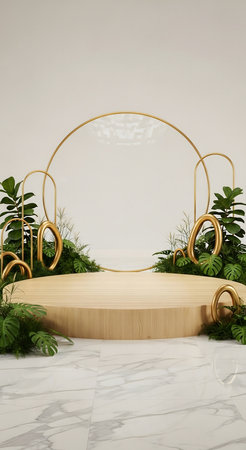3d render of podium display with gold decoration in minimal style.の素材